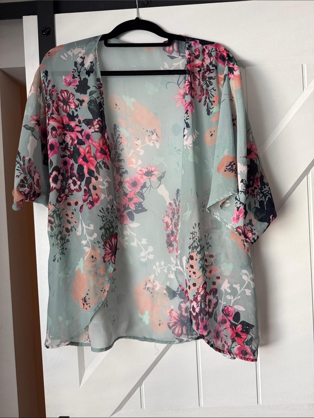 Floral Sheer Open-Front Kimono Tunic in Mint and Pink